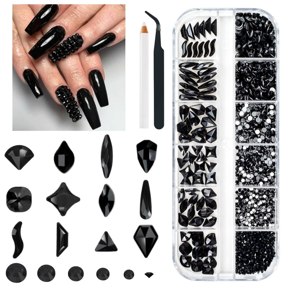 qiipii 2052Pcs Black Nail Rhinestones Multi Shapes Jet Black Rhinestones for Nails Flatback Nail Gems K9 Glass Dark Black Round Beads Stones Diamonds