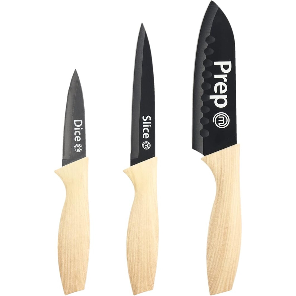 MasterChef Knife Set of 3 Kitchen Knives Sharp Stainless Steel Blades With Non Stick Coating & Wood-Look Soft Touch Grip, 3 Piece