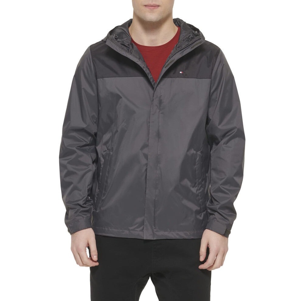 Tommy Hilfiger Men's Lightweight Breathable Waterproof Hooded Jacket Black/Charcoal Colorblock X-Large