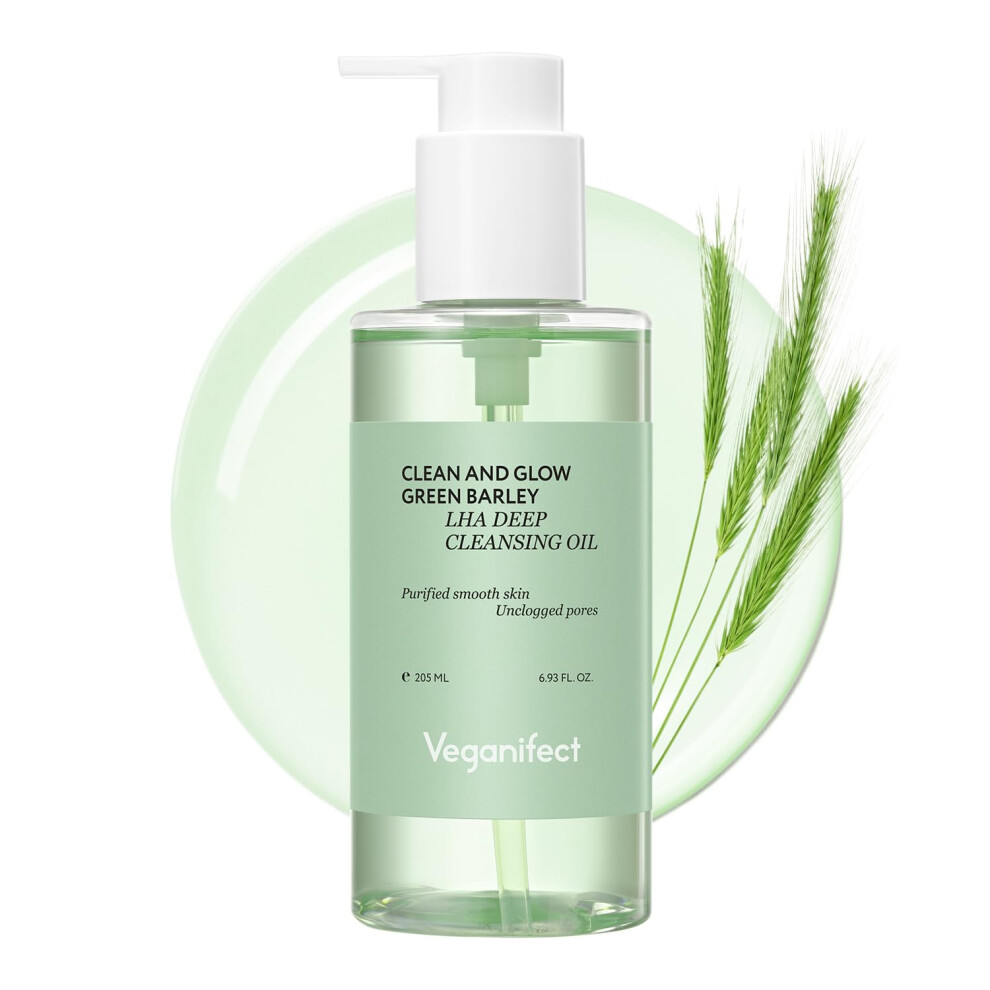 Veganifect Clean and Glow Green Barley LHA Deep Cleansing Oil Vegan Certified Removing Heavy Makeup Blackhead and Whitehead 6.93 Fl Oz