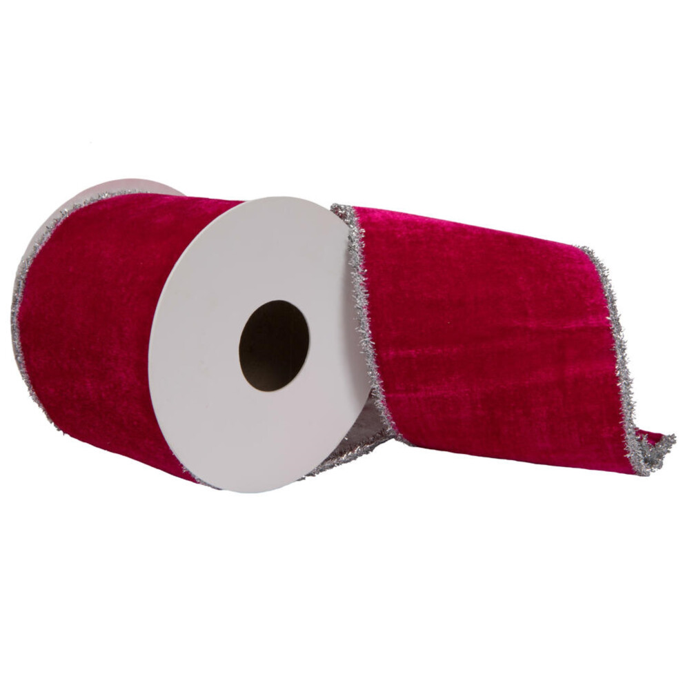 Nastro In Velluto Di Viscosa Doppia Fusione Fucsia/Argento Vickerman Da 4"" X 5 Iarde.-image