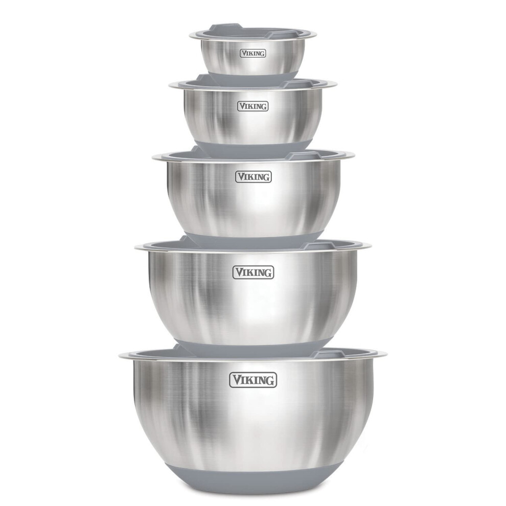 Viking Culinary Stainless Steel Mixing Bowl Set 10 Piece Non-slip Silicone Base Includes Airtight Lids Dishwasher Safe Grey