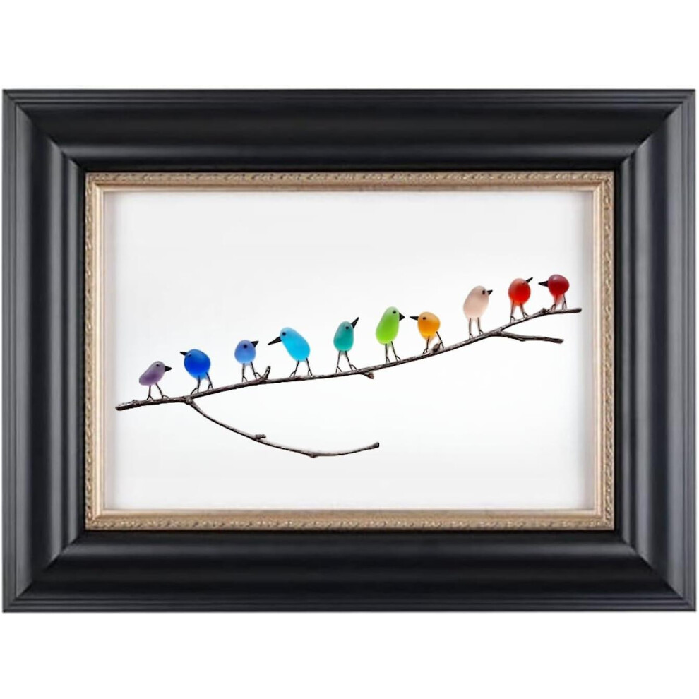 (Black Frame, 10 Birds) Sea Glass Rainbow Birds, Sea Glass Art, Sea Glass