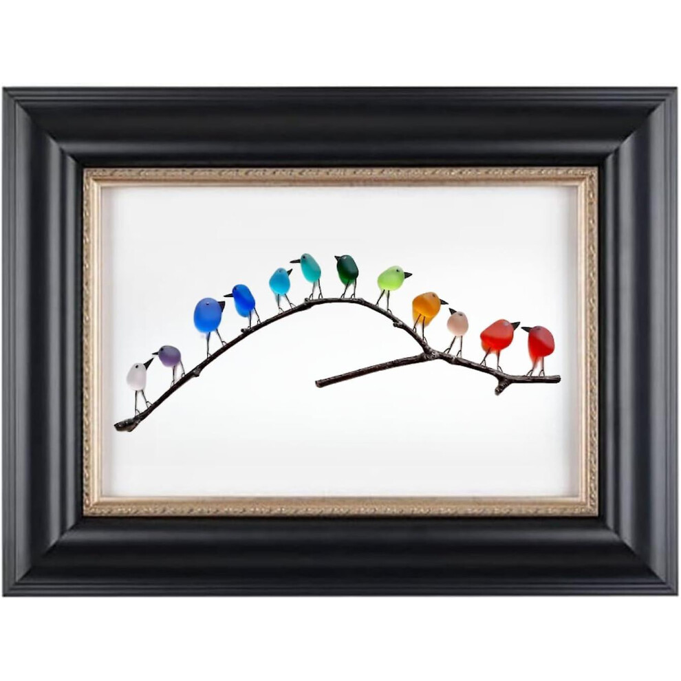 (Black Frame, 12 Birds) Sea Glass Rainbow Birds, Sea Glass Art, Sea Glass