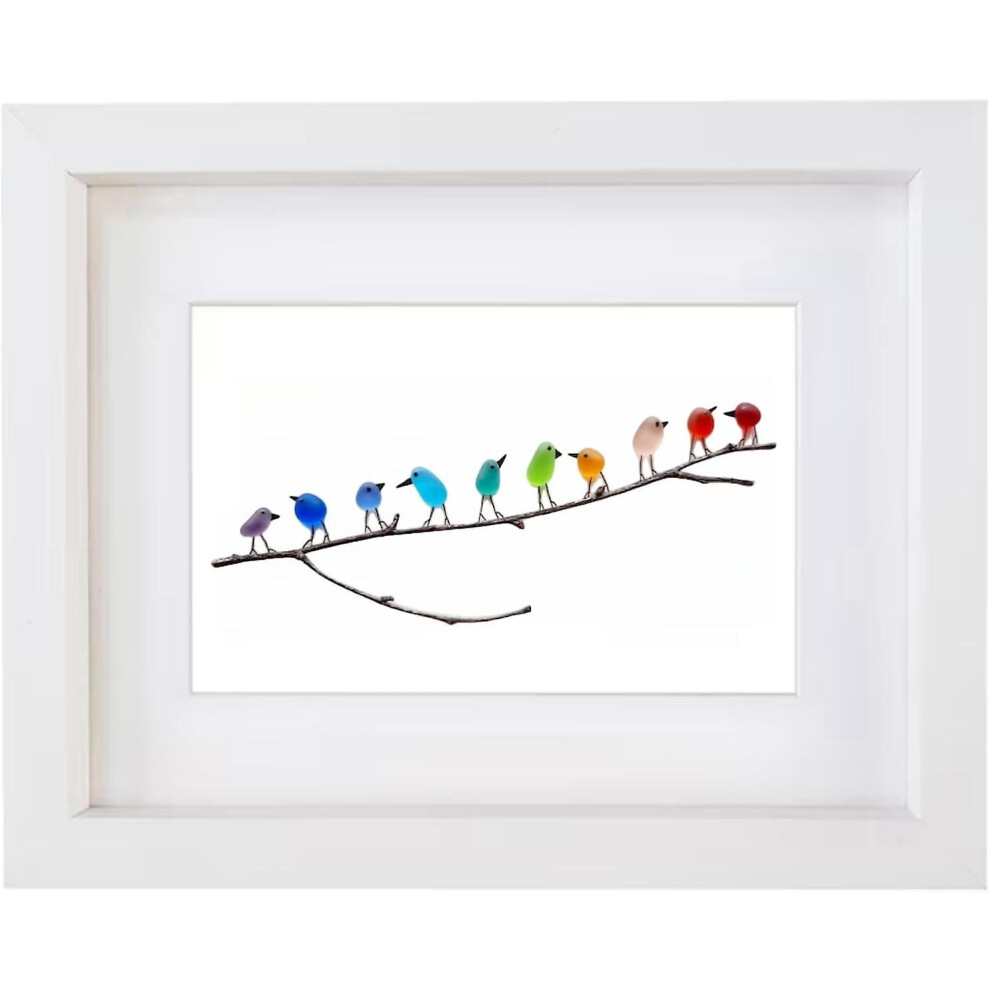 (White Frame, 10 Birds) Sea Glass Rainbow Birds, Sea Glass Art, Sea Glass