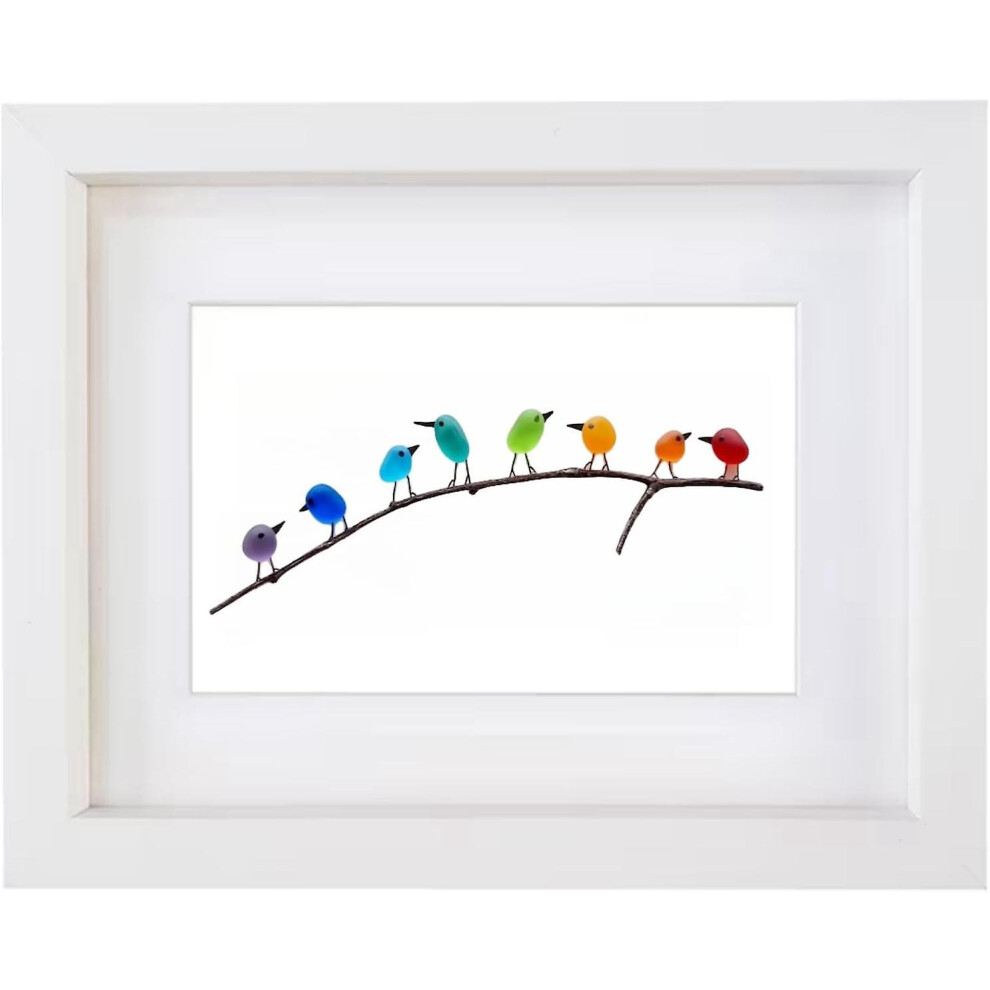 (White Frame, 8 Birds) Sea Glass Rainbow Birds, Sea Glass Art, Sea Glass
