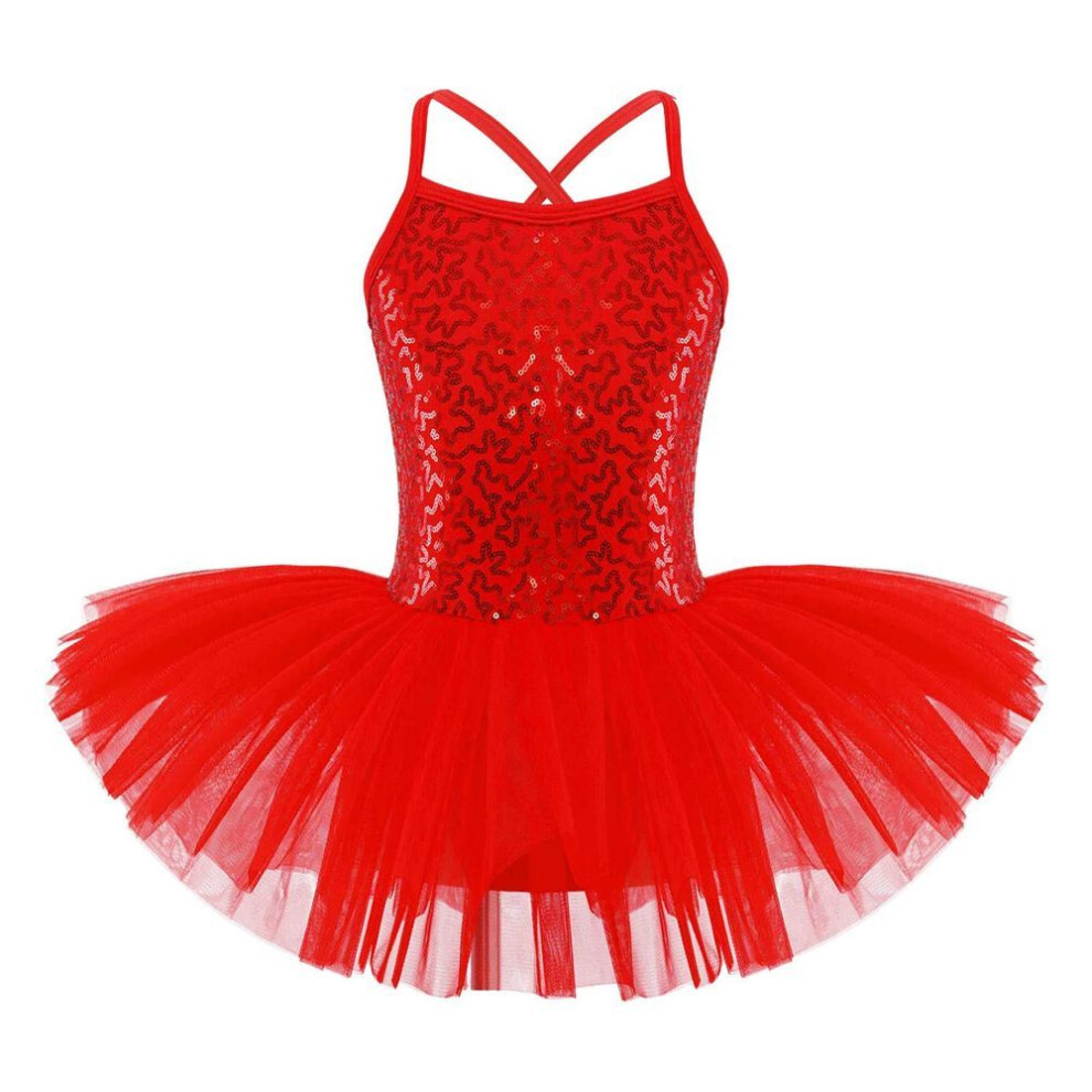 (red, 11-12 Years) Kids Girl Fairy Sequined Tutu Dress Tulle Ballet Skirt Sleeveless Leotard Dress Dancewear Dancing Clothes