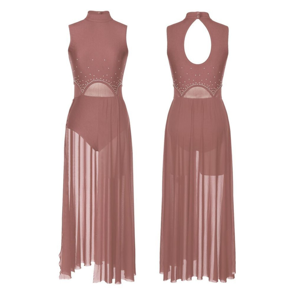 (light brown, S) Women Modern Lyrical Dance Dress Ballet Gymnastics Leotard Sleeveless Rhinestone Mesh Dresses Stage Performance Dancewear
