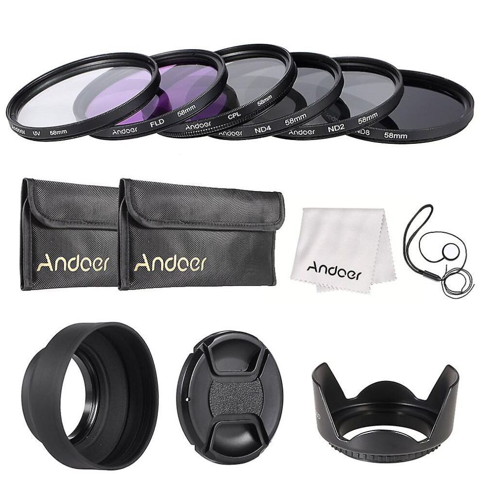 58mm Lens Filter Kit Uv cpl fld nd(nd2 Nd4 Nd8) With Carry Pouch / Lens Cap / Lens Cap Holder / Tulip