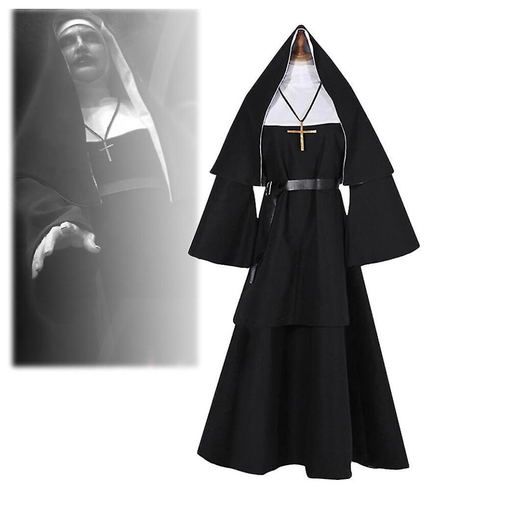 (L) The Nun Cosplay Long Dress Scraf Costume For Women The Conjuring Cosplay Adult Halloween Horror Ghost Fancy Dress Black