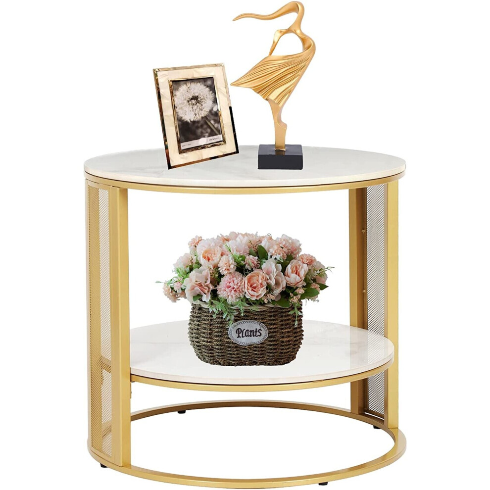 Marble Top Side Table Gold: 2 Tier Round Shape Small Coffee Table
