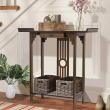 Narrow 2-Tier Entryway Console Table - Bamboo Rustic Brown, Tall Storage Desk for Foyer/Hallway (81.5x31.2x82.8 cm)