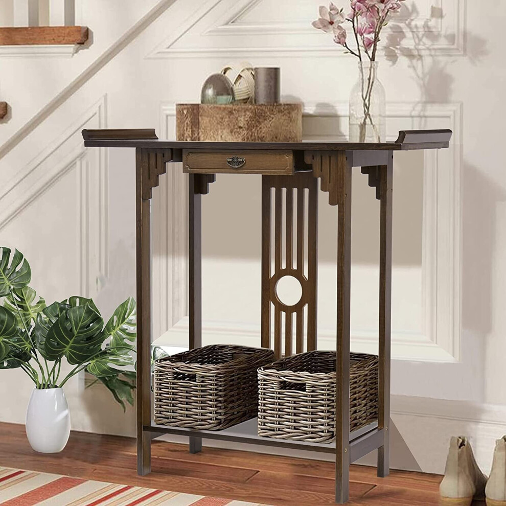 Fativo Narrow 2-Tier Entryway Console Table - Bamboo Rustic Tall Storage Desk For Foyer/Hallway (81.5X31.2x82.8 Cm) Brown