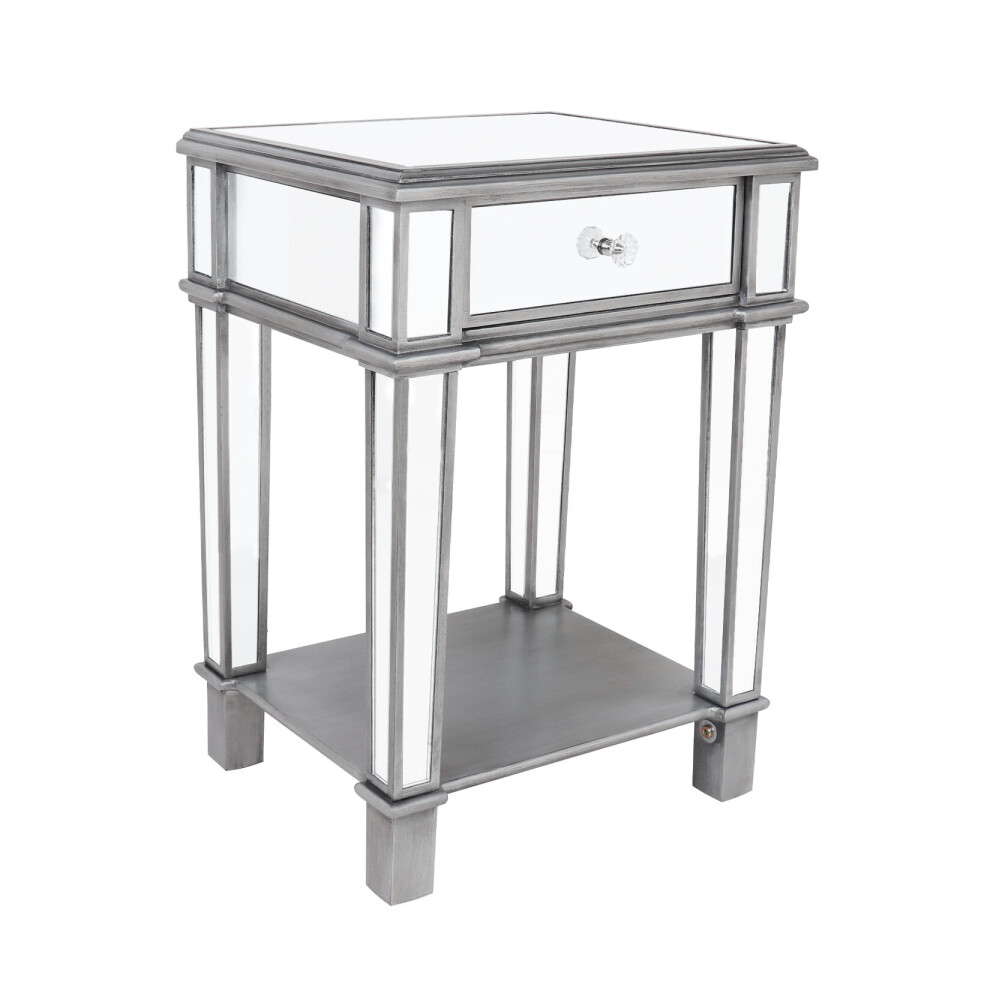 Fativo Luxury Glass Mirrored End Table With Drawer Nightstand Silver