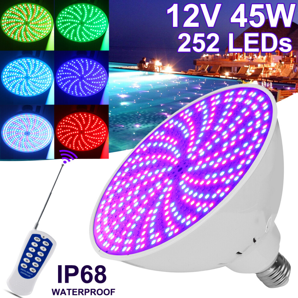 45W E27 PAR56 RGB LED Bulb 12V Underwater Light Swimming Pool Light & Spa Light W/ Remote
