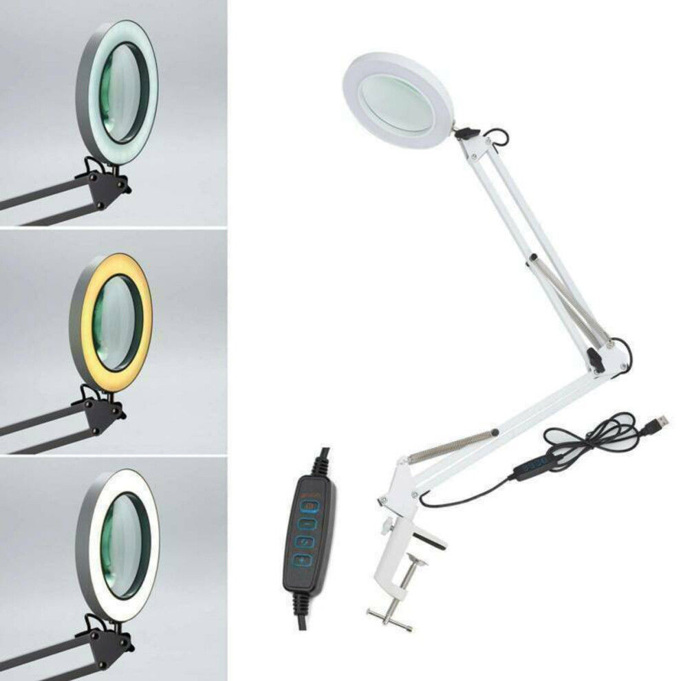 New AU Large Lens ed Lamp Desk Magnifier 5x Magnifying Glass w/ Clamp LED