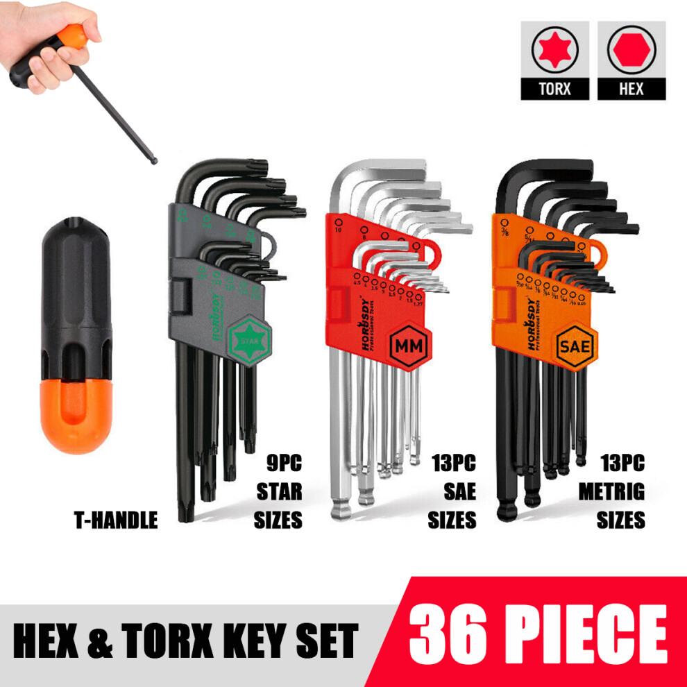 New 36Pcs Hex Key / Temper Proof Torx Key Set Ball-End Allen Wrench Metric & Imperial 623414376464