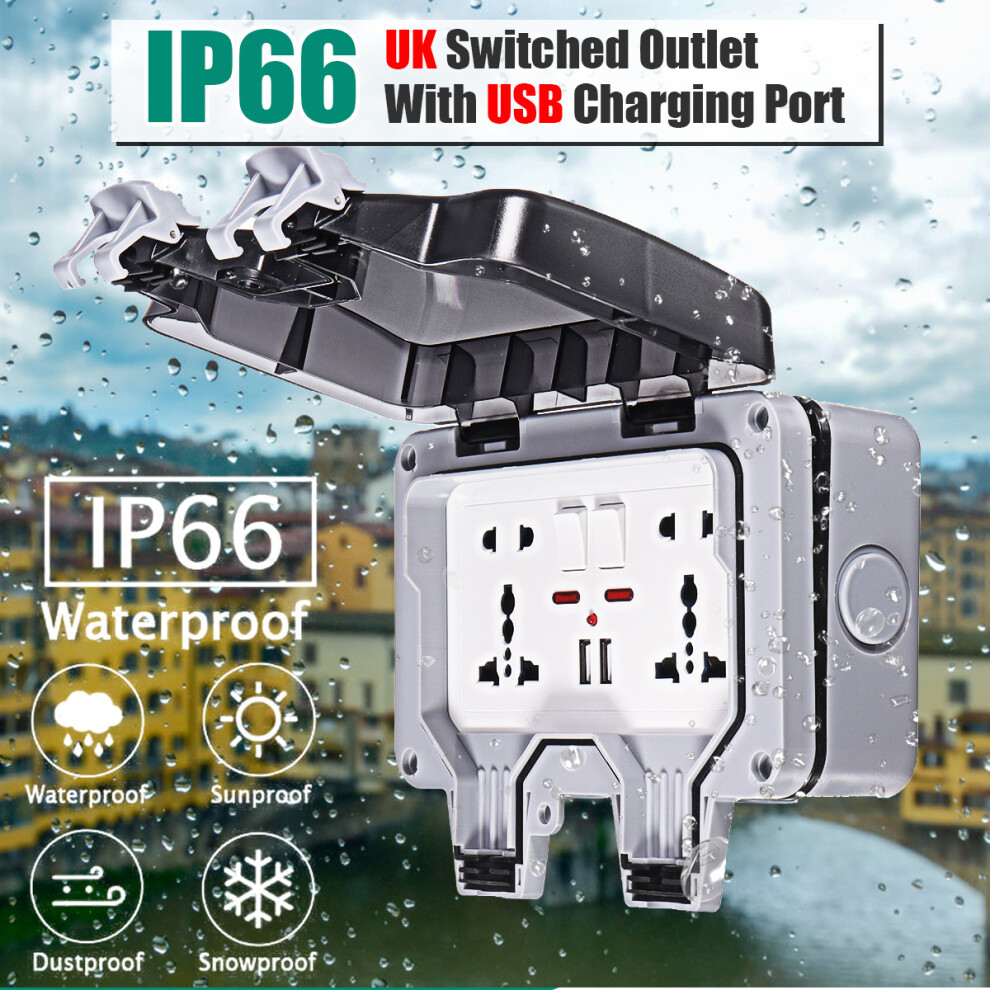 Ip66 Weatherproof Outdoor Box Wall Socket 13A Double Universal / Uk Switched Outlet With Usb Charging Port 6900073015366