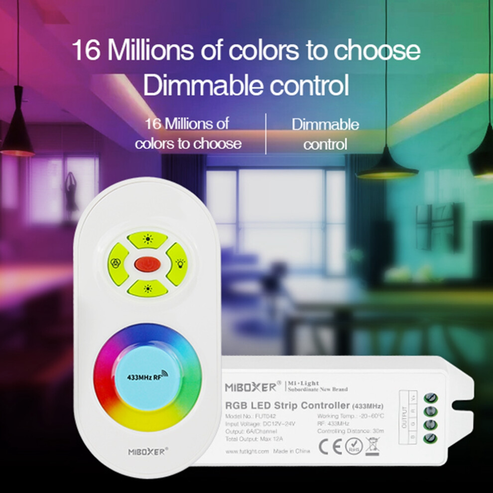 MiBoxer FUT042(Upgraded) LED Controller + 433MHz RF Remote Control for RGB LED Strip Light DC12-24V
