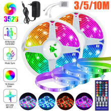 RGB 3528 LED Strip Lights - 3/5/10M Color Changing Tape for Under-Cabinet Kitchen Lighting, Self-Adhesive, Cuttable Every 9 LEDs, IP33, 44-Key Remote