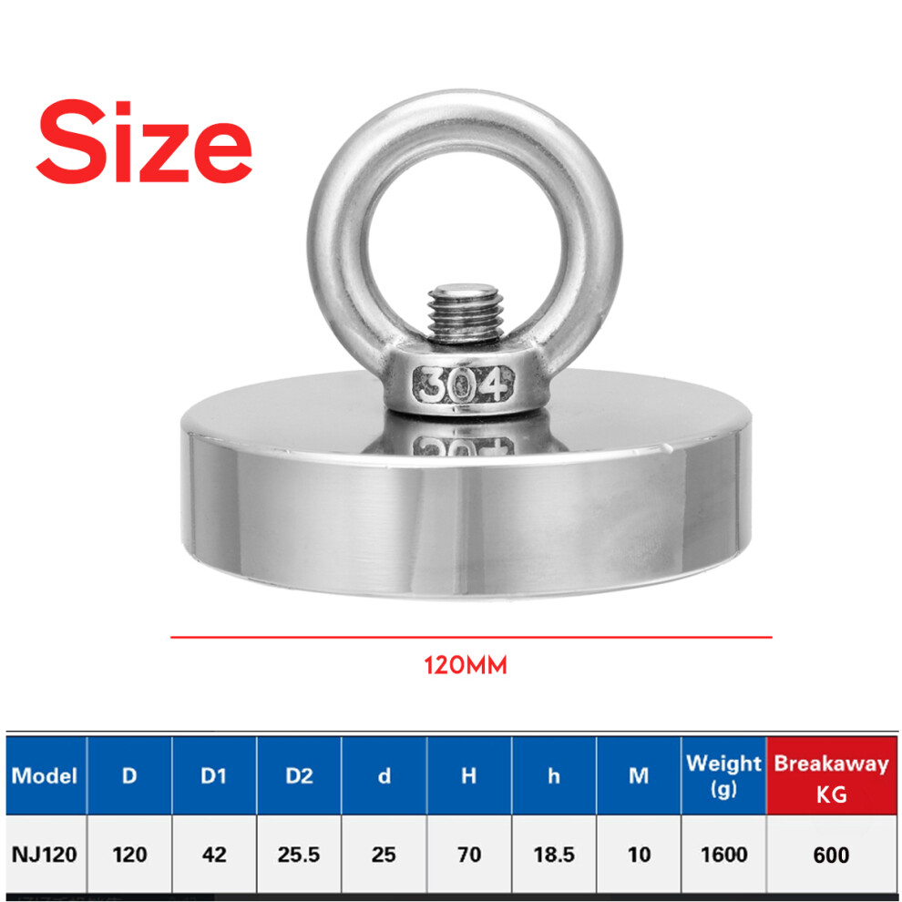 New 600Kg D120mm Neodymium Recovery Magnet Fishing Treasure Finder Treasure Hunting Magnet 623414389334