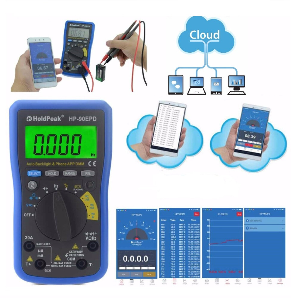 New Holdpeak Hp-90Epd Mobile App 4000 Counts True Rms Multimeter Auto Range Ac Dc Voltage Current Resis 623414398732