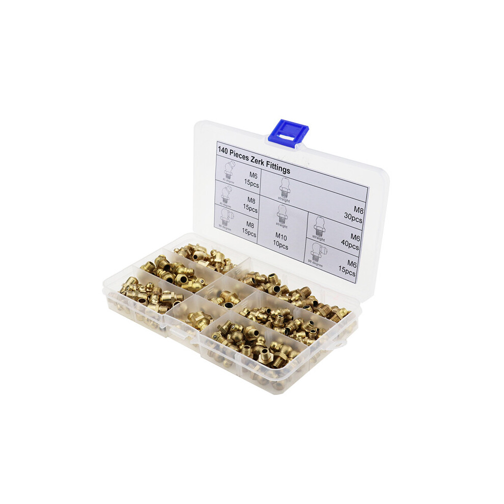 New 140Pcs Metric Brass Zerk Fitting M6/M8/M10 Grease Nipple Fitting Kit Pipes Fittings 623414388320