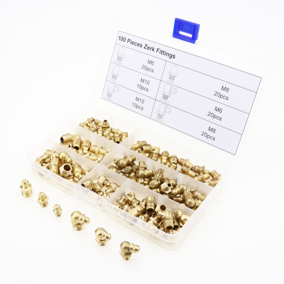 New 100Pcs Hydraulic Brass Zerk Grease Nipple Fitting Assortment M6/M8/M10 Machinery Parts 623414388283