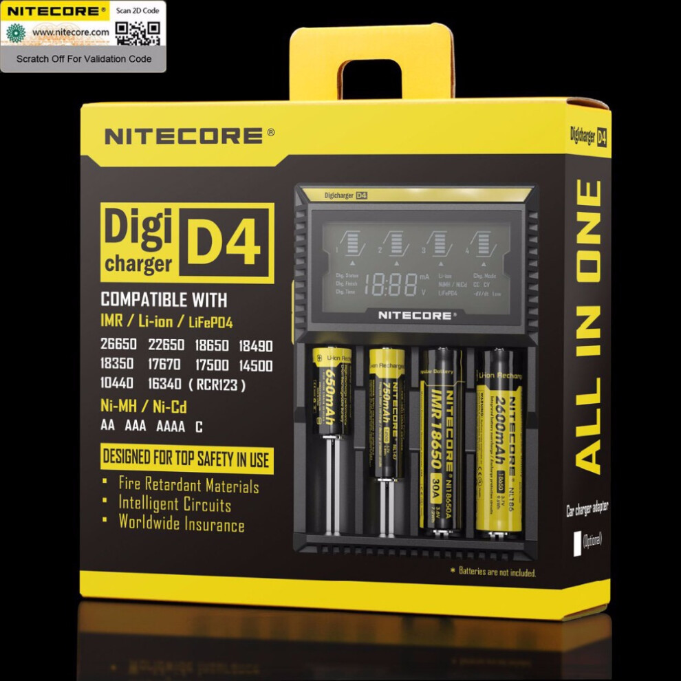Nitecore D4 Lcd Display Qc Quick Charge Smart Battery Charger Universal For Lithium Ni-Mh Battery 18650 26650 21700 Rcr123a Aa Aaa 6900073758553