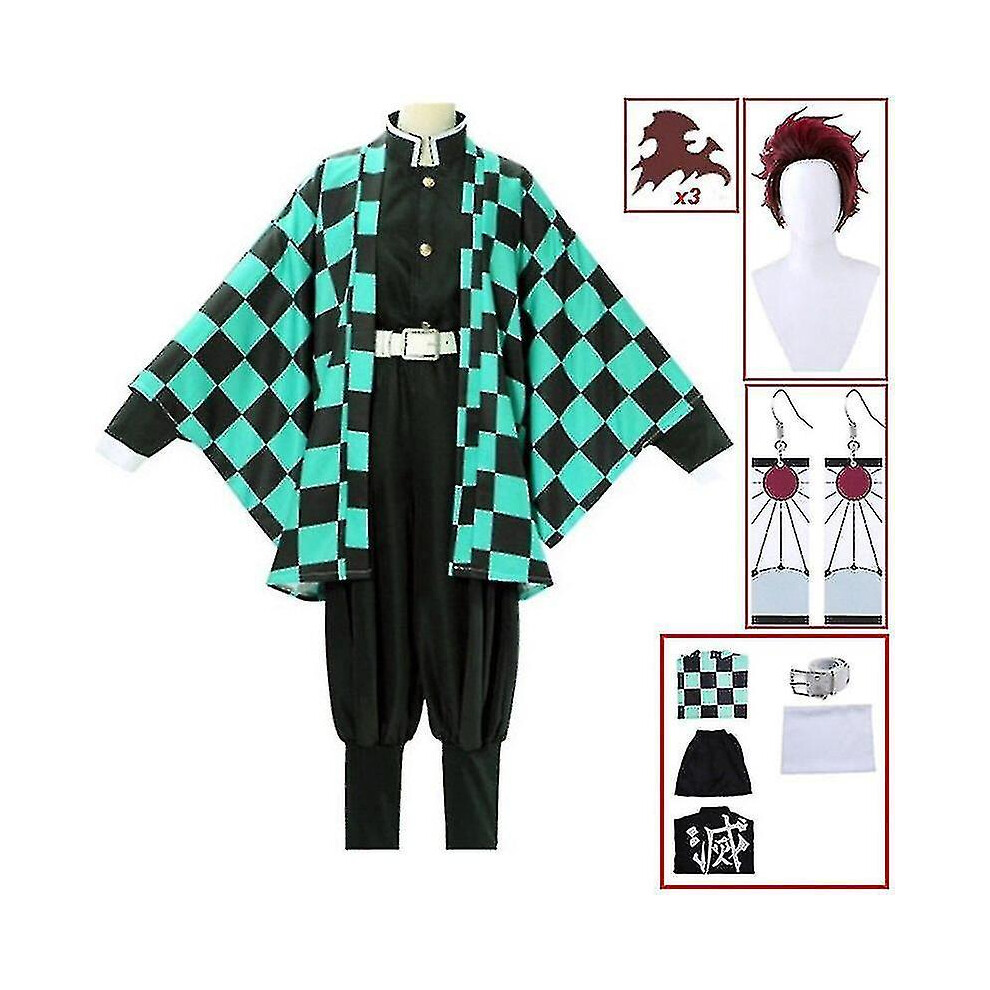 (full set, 130cm) Demon Slayer Tanjirou Kamado Cosplay Costume Anime Kimetsu No Yaiba Kamado Tanjirou Cosplay Wig Kimo
