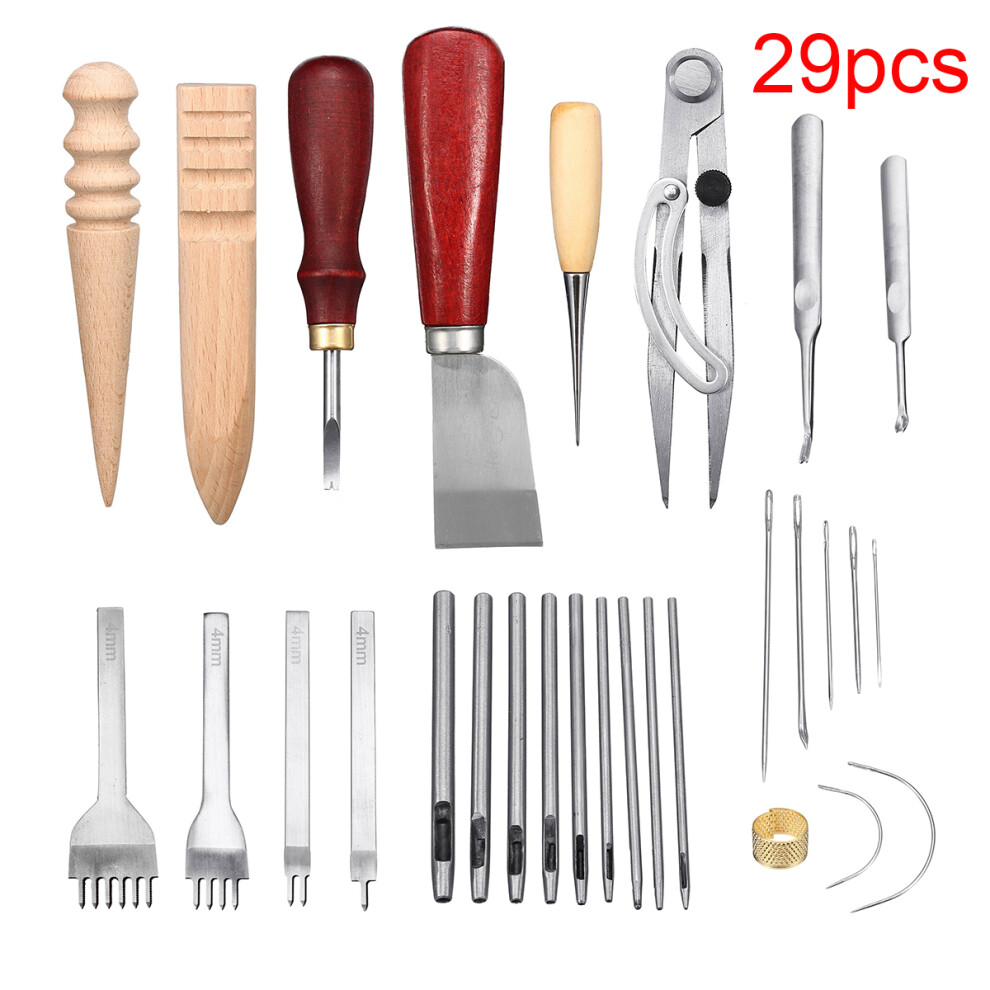 New 29PCS/Set Leather Craft Hand Tools Kit Thread Awl Waxed Thimble Kit For Hand Stitching Sewing Tools Stamping Carving Work DIY Tool Set