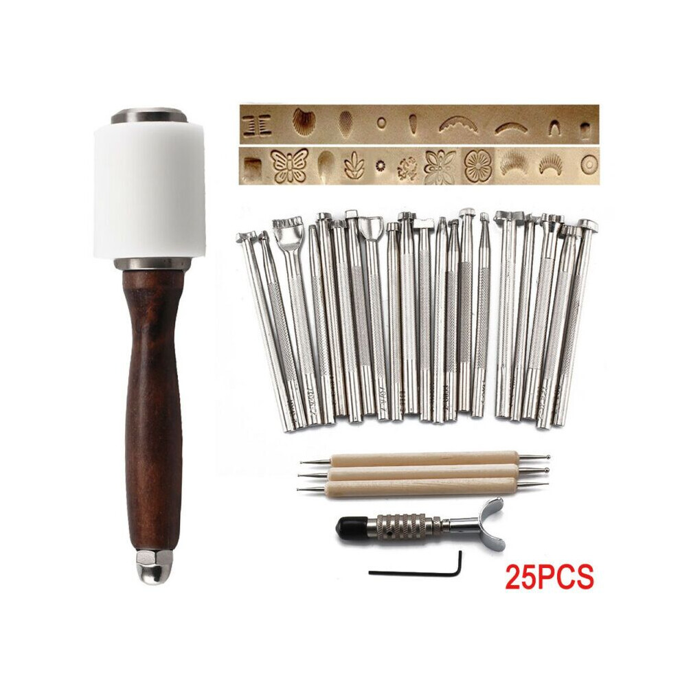 New 25PCS Manual Leather Craft Stamping Carved Wooden Hammer Embossing Tools Kit Set