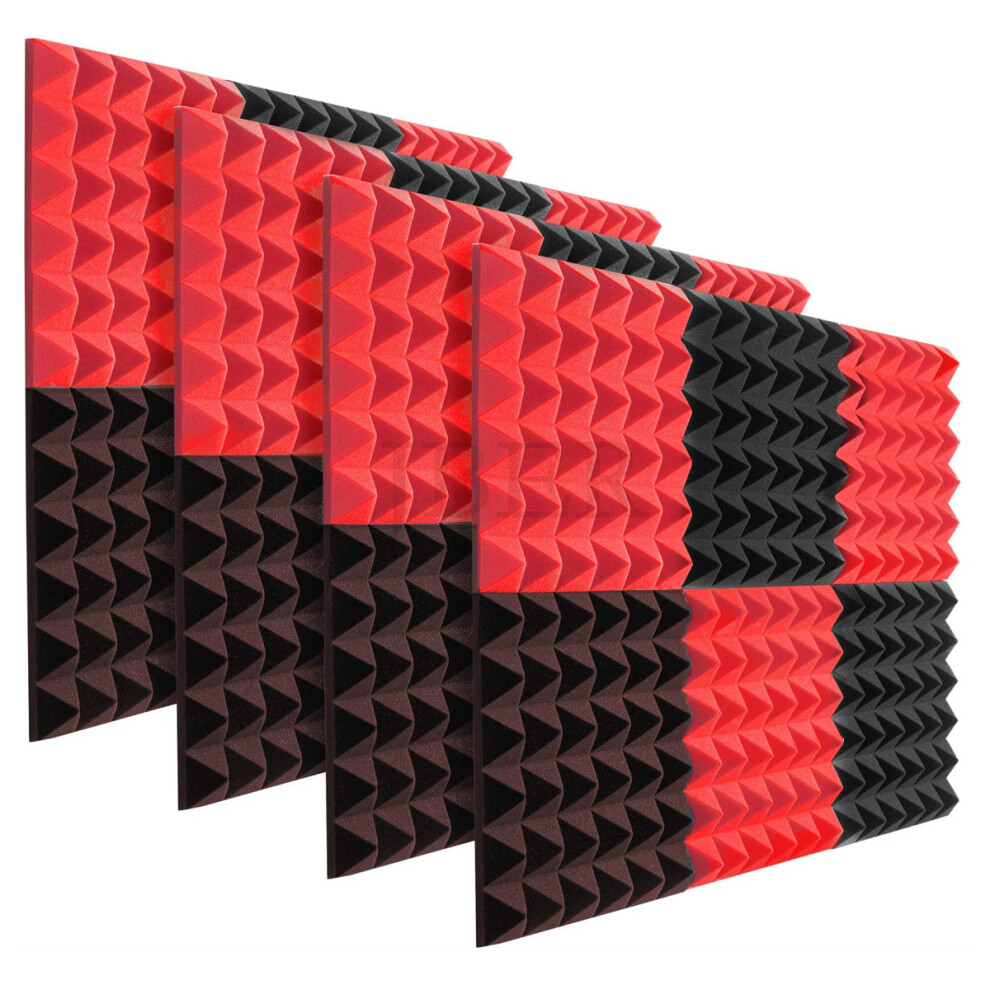 New 6Pcs Acoustic Foam Studio Soundproofing Foam Wedges Ties Black + Red 12 x 12 x 2inch