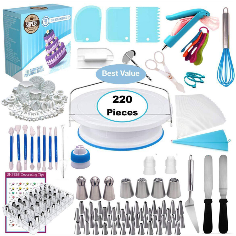 New 220PCS Cake Decorating Turntable Set Nozzles Supplies Kit DIY Display Tools