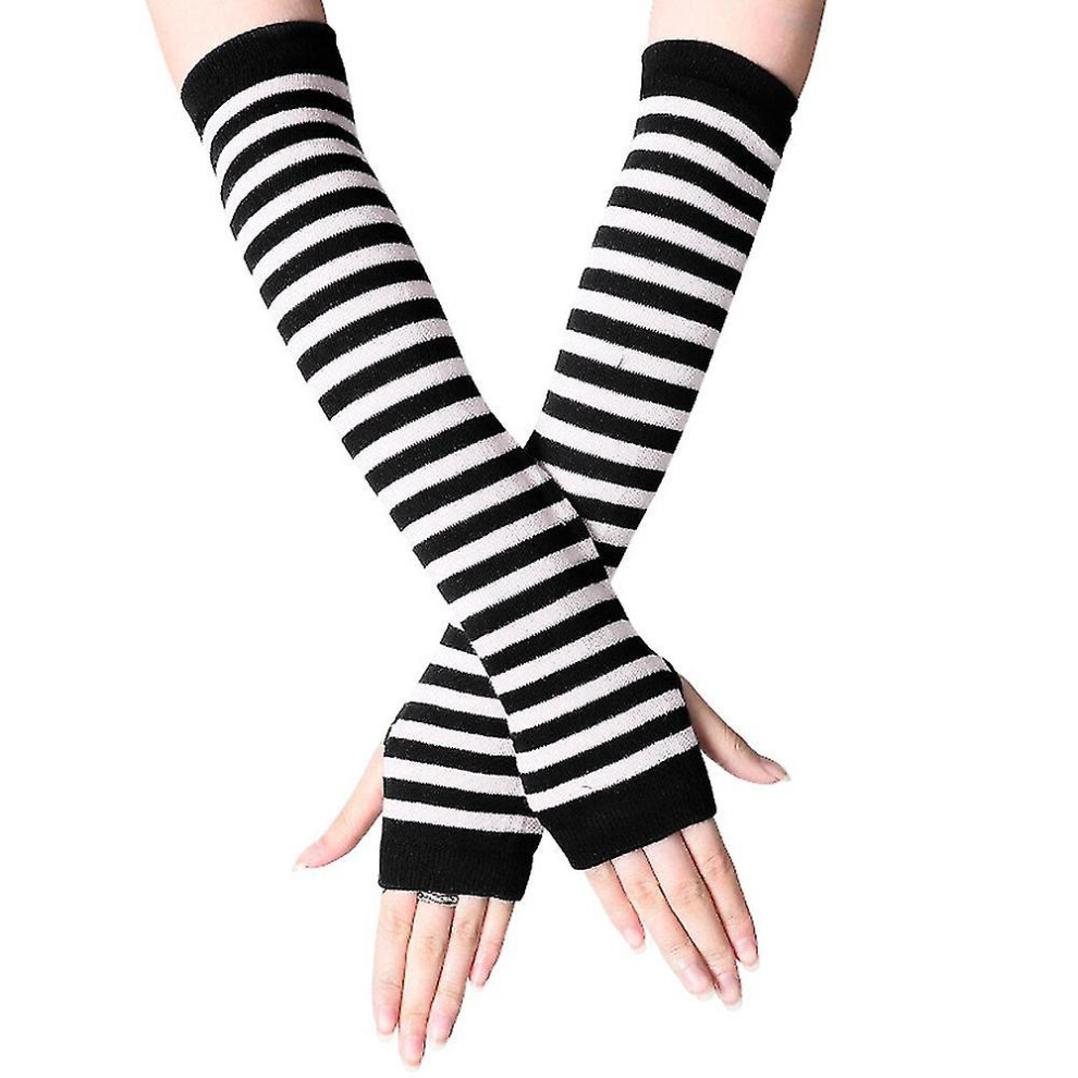 (Black White) Womens Striped Wrist Arm Hand Warm Mittens Fingerless Glove