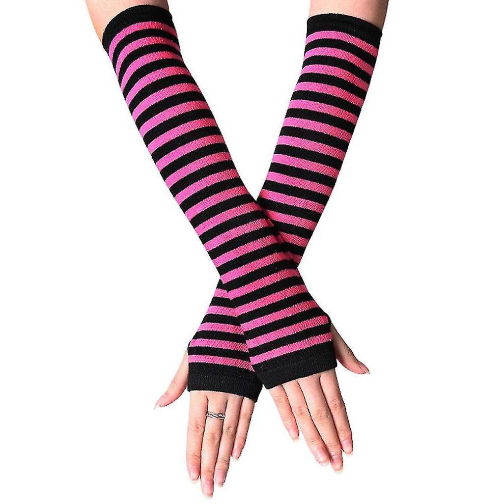 (Black Rose Red) Womens Striped Wrist Arm Hand Warm Mittens Fingerless Glove