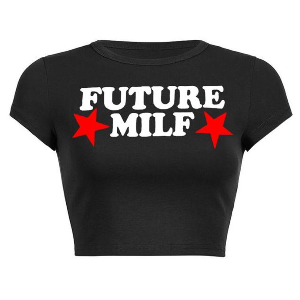 (S, black) Future Milf Star Printed Women Croppped Top Harajuku Simple Graphic T Shirt Ladies Summer Fashion Short Sleeve Crop Tops