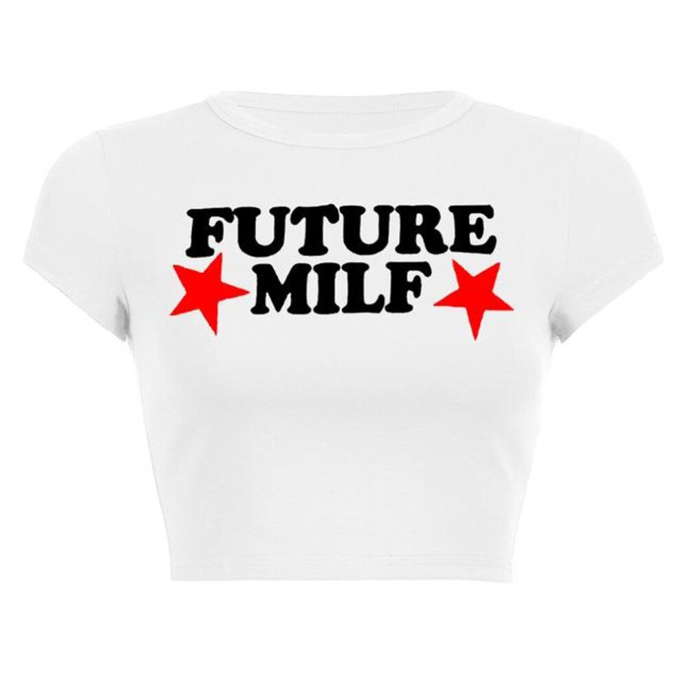 (XL, white) Future Milf Star Printed Women Croppped Top Harajuku Simple Graphic T Shirt Ladies Summer Fashion Short Sleeve Crop Tops