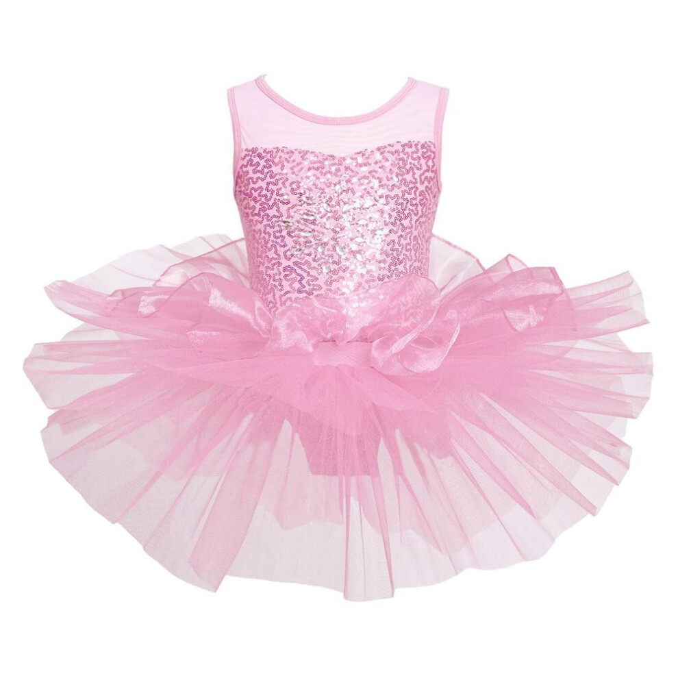 (pink, 8-10 Years) Ballet Leotard Dress For Kids Girls Shiny Sequins Tutu 4 Layers Skirt Ballerina Dance Wear