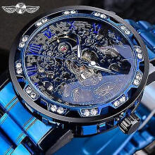 (blue) Winner Transparent Diamond Mechanical Watch Blue Stainless Steel Skeleton Watch Top Brand