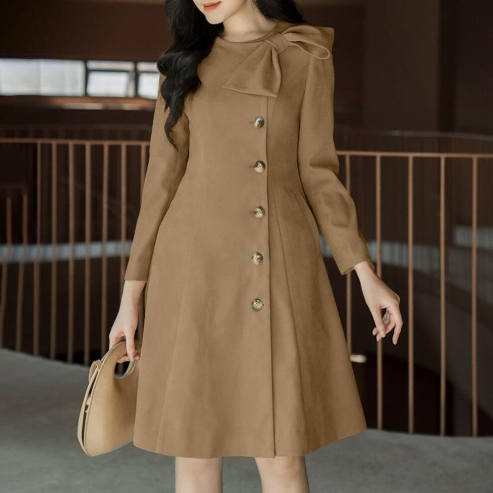 (brown, S) ZANZEA Women&apos;s Round Neck Long Sleeve Bow Open Placket Button Solid Colour Collect Waist A Swing Dress