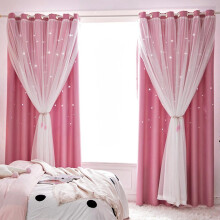 (Pink) Blackout Stars Curtains For Girls Kids Bedroom Aesthetic Living Room Decor Double Layer Star Cut Out Window Wall Home Decorations Princess Curtain
