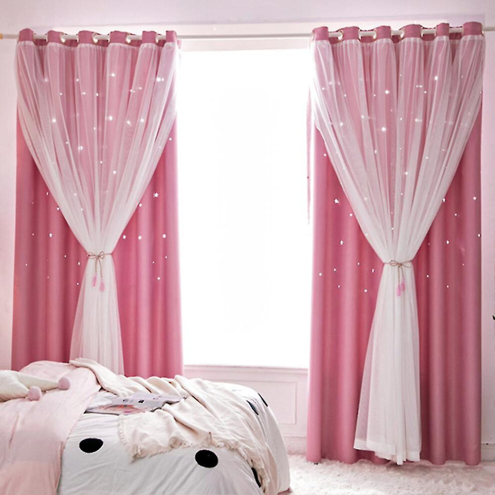 (Pink) Blackout Stars Curtains For Girls Kids Bedroom Aesthetic Living Room Decor Double Layer Star Cut Out Window Wall Home Decorations Princess Curtain