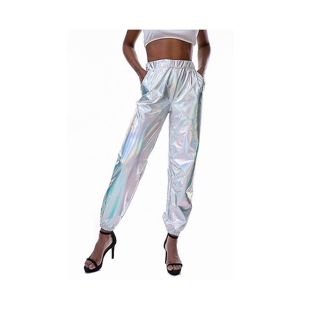 (Silver, XL) Womens Shiny High Waist Stretchy Pants, Hip Hop Club Sweatpant-image-OPC-PFXXVS9-NEW