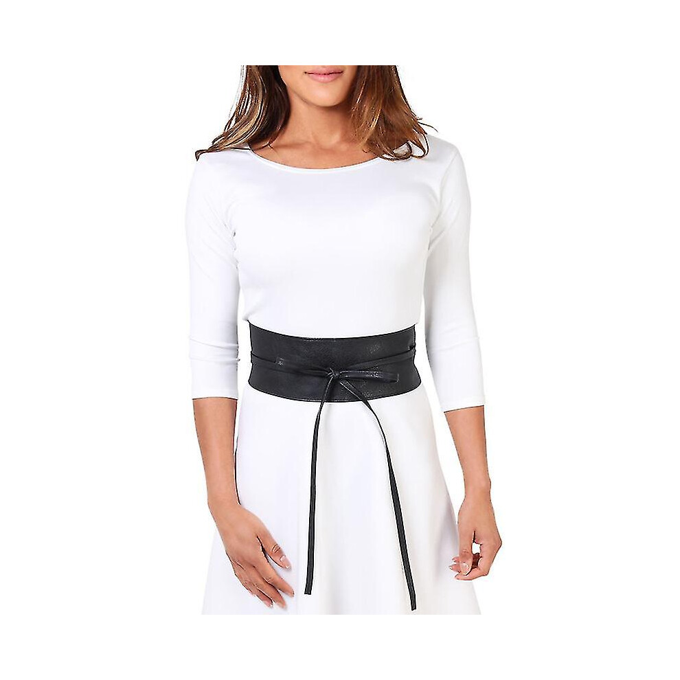 (Black) Women Waist Wide Belt Tie Corset Cinch Faux Leather Waistband