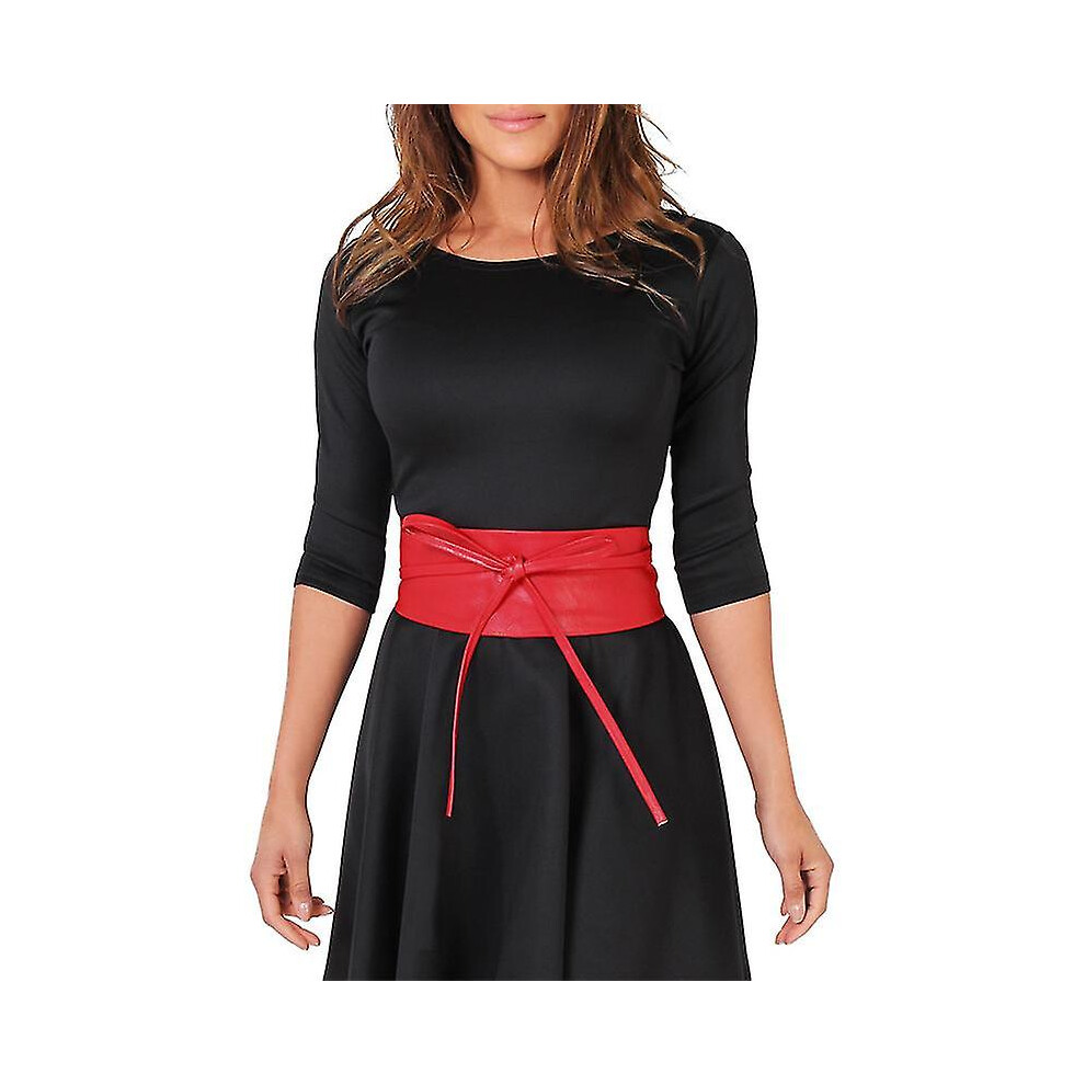 (Red) Women Waist Wide Belt Tie Corset Cinch Faux Leather Waistband