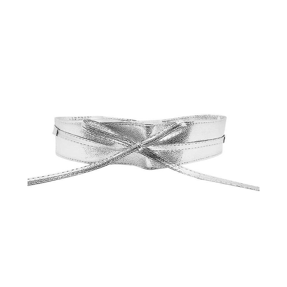 (Sliver) Women Waist Wide Belt Tie Corset Cinch Faux Leather Waistband