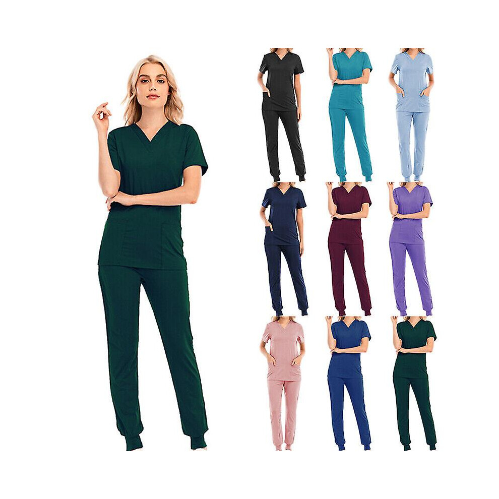 (Pink, 2X) Women Medical Scrubs Doctor Uniform Trousers Set Nurse Dentist Hospital Suits