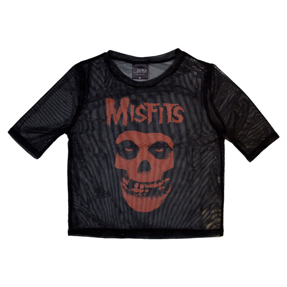 (XXS, Black) Misfits Orange Logo And Skull Mesh Long Sleeved Crop Top