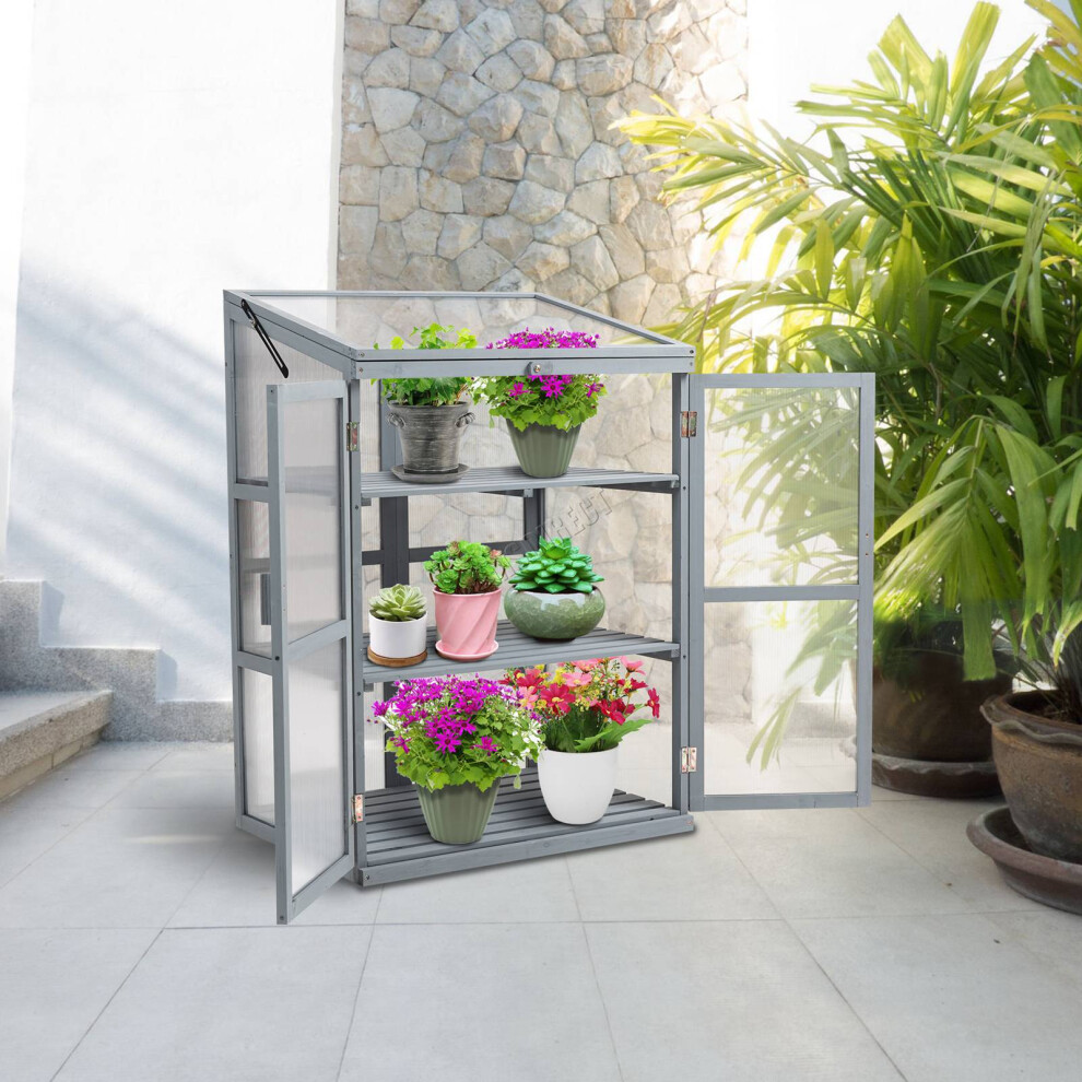 BIRCHTREE 3 Tier Wooden Frame Greenhouse Flower Vegetable Planting Cupboard Grey